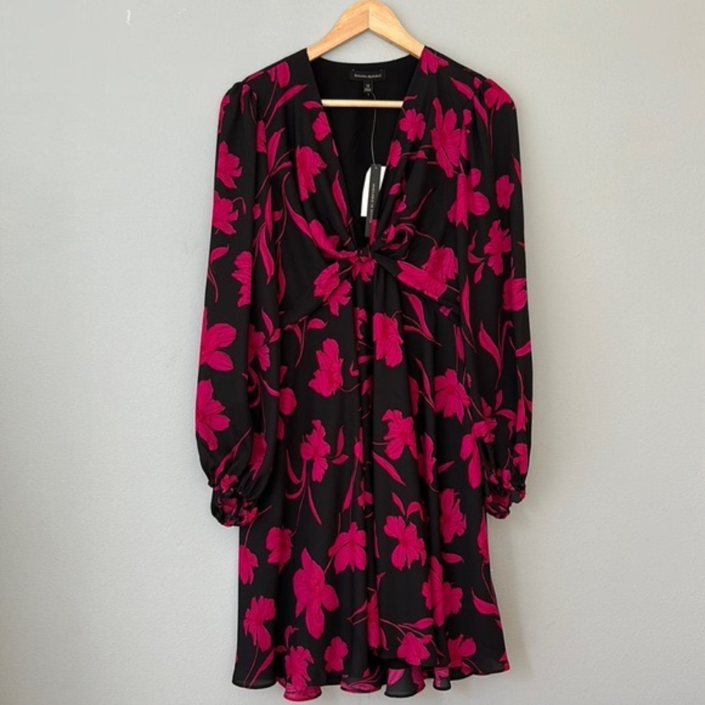 Banana Republic • NWT Black & Magenta Pink Floral Puff-Sleeve Dress Size 12